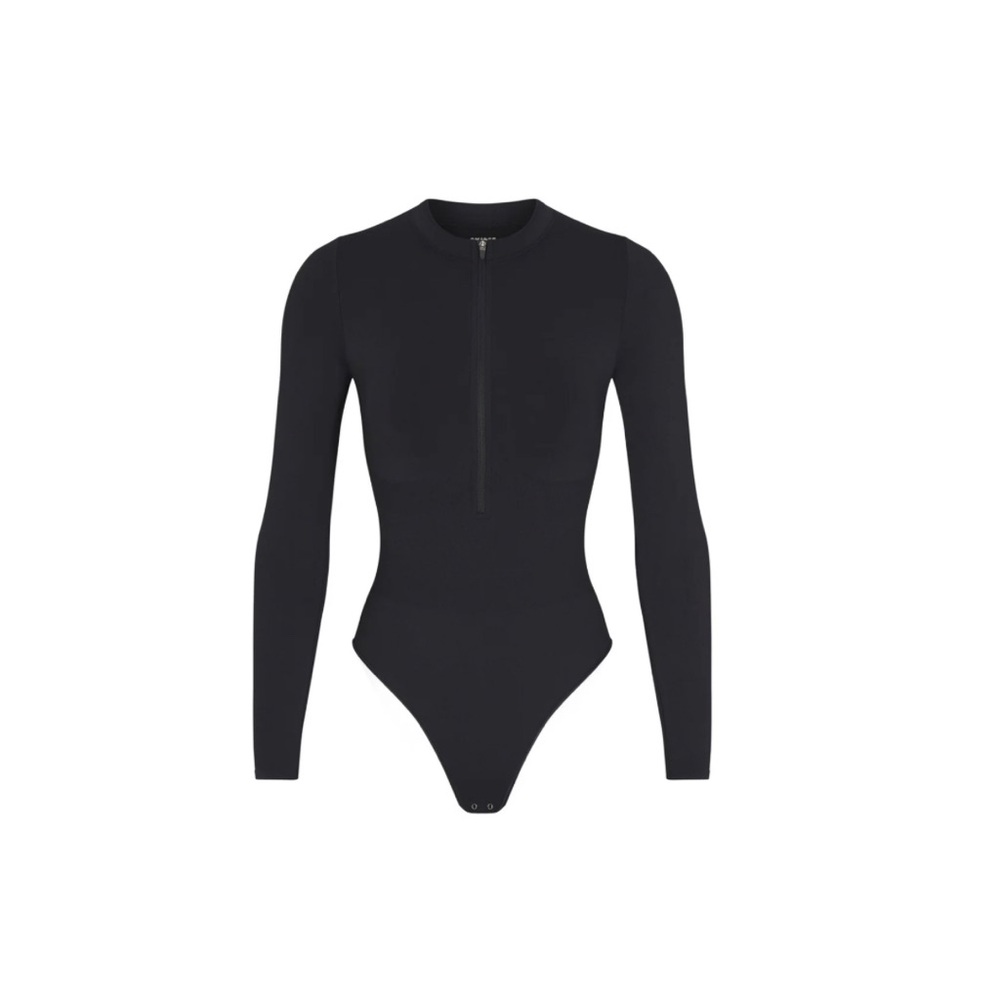 SKIMS ZIP FRONT LONG SLEEVE SWIM ONE PIECE - Onyx - Med
